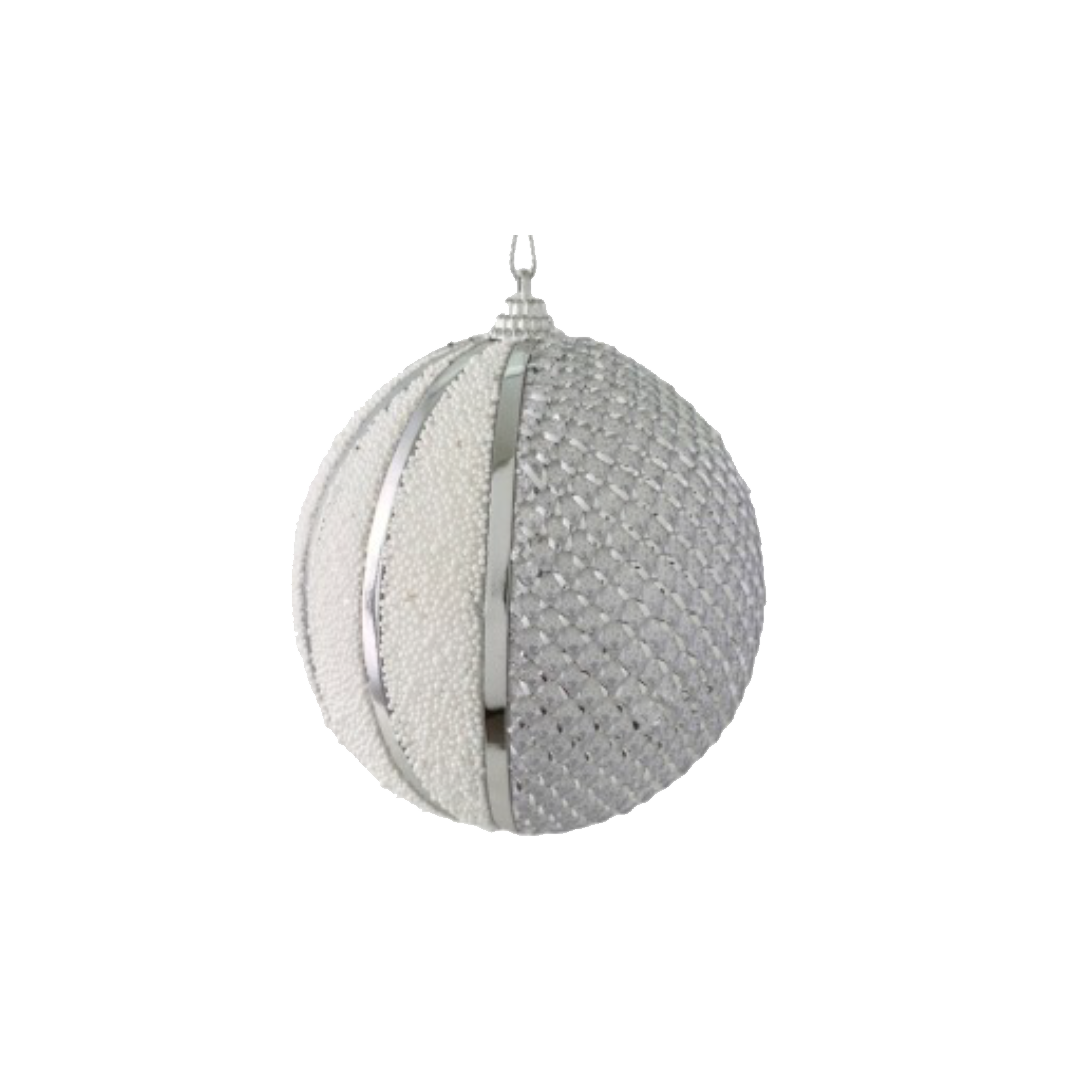 Esfera Navide a Decorativa Color Plateada Gris Con Perlitas Blancas 4Pz 