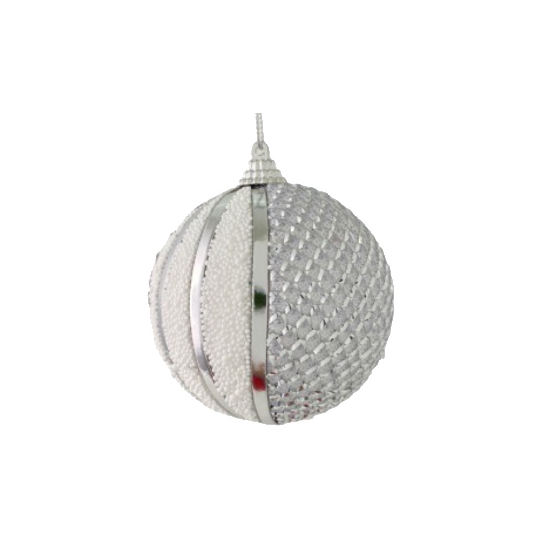 Esfera Navide a Decorativa Color Plateada Gris Con Perlitas Blancas 6PZ 